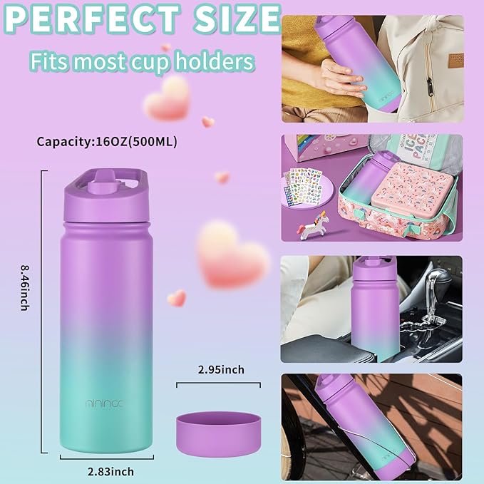 Mininoo Kids Water Bottle for School, 16oz Stainless Steel Insulated Water Bottle Kids with Straw Lid for Girls, Boys (2 Pack)
