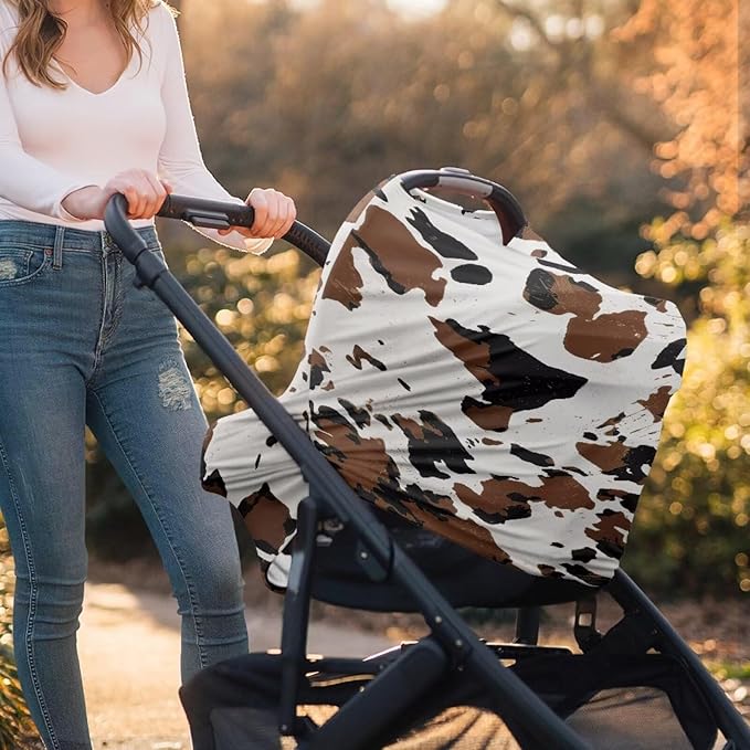 LedBack Brown Cow Print Stretchy Car Seat Cover for Babies, Breathable Breastfeeding Cover, Soft Lightweight Baby Carseat Canopy