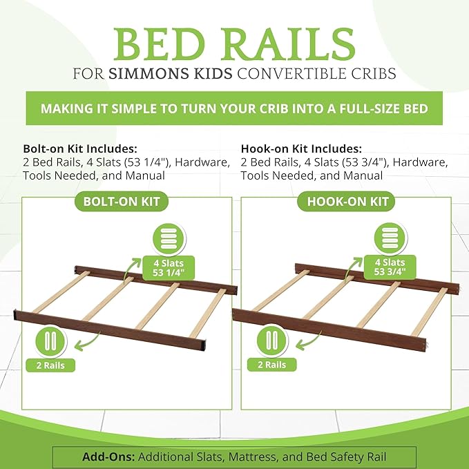 Full-Size Conversion Kit Bed Rails Compatible with Simmons Kids Convertible Cribs by Delta Children - Solid Wood - Toddler & Adult Bed Rail for Full-Size - Nursery Furniture (Chestnut, HOOK-ON KIT)