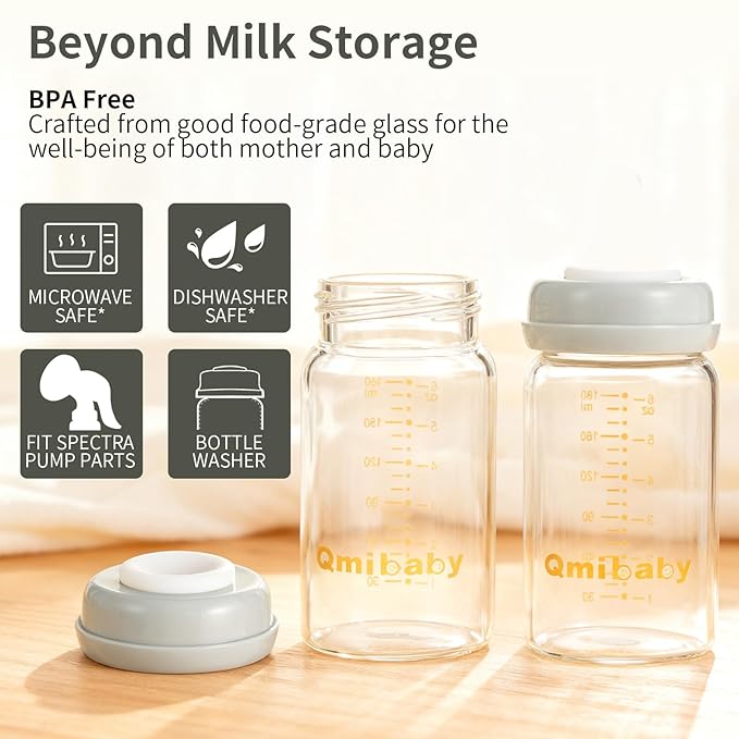 Glass Breastmilk Storage Bottles 180ml 6oz BPA-Free Leak-Proof Natural Baby Bottle Wide Neck with Screw Ring Sealing Disk for Breastfeeding Grey 4 Packs