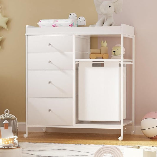 32.6" Baby Changing Station with 4 Drawers and 4 Wheels Diaper Changing Station with Changing Table Top Baby Classic Nursery Dresser with 1 Open Shelf and 1 Laundry Hamper for Newborn,White