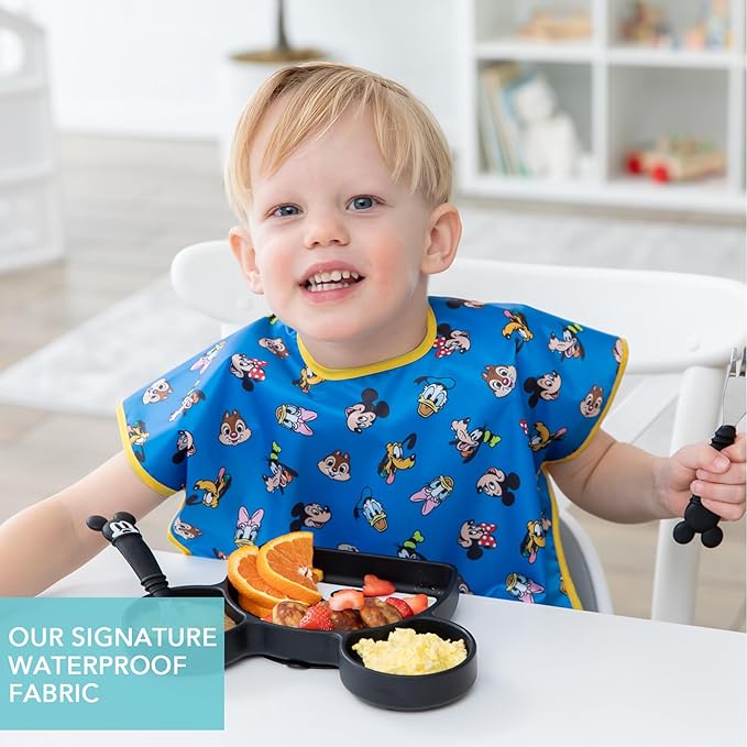 Bumkins Bibs for Girl or Boy, Baby, Toddler and Kids, Essential Must Have for Mess Free Eating, Short Sleeve, Disney Mickey & Friends MVP, 2-pack