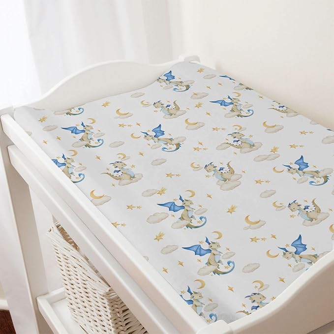 Fairy Tale Dragon Moon Stars Clouds Changing Pad Covers Watercolor Dragons Diaper Changing Table Cover Sheets for Boy Girl Soft Stretchy Snug Fitted Baby Changing Pad Mats 32''x16'' Golden