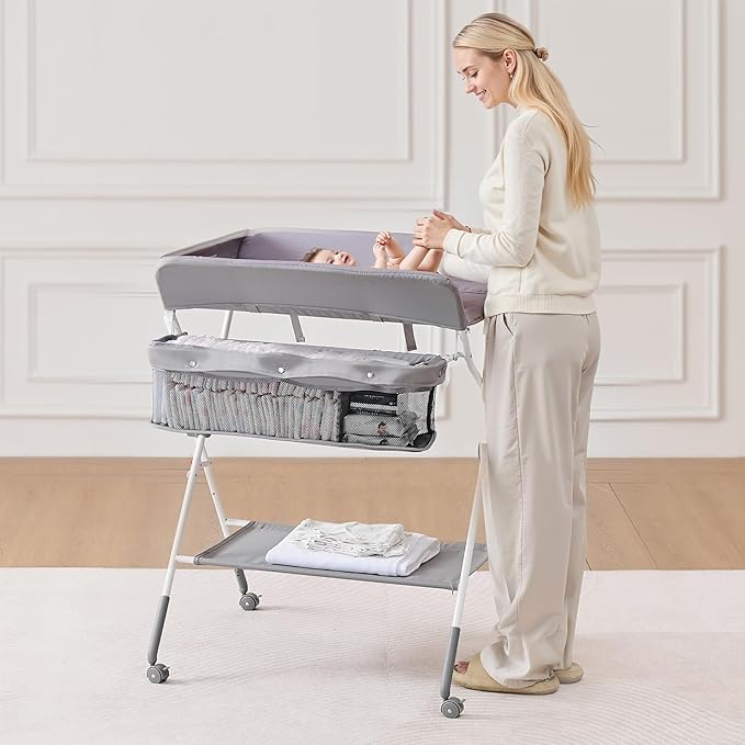VEVOR Baby Changing Table, Foldable Diaper Change Station with Side Basket, Adjustable Height Changing Table with Lockable Wheels, Multi-Functional Nursery Storage Organizer, Gray