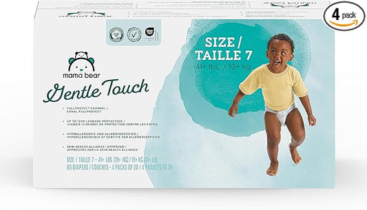 Amazon Brand - Mama Bear Gentle Touch Baby Diapers, Size 7, 80 Count (4 packs of 20), Skin Safe, 12 Hours Protection, Wetness Indicator, Stretchy Waistband