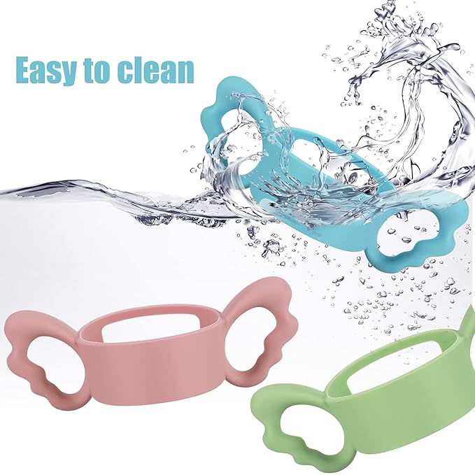 3 Pack Baby Bottle Handles Silicone Wide Neck Feeding Handle Easy Grip Lightweight Bottle Handle Small Hand Gripping for Self Feeding(Pink, Green, Blue)