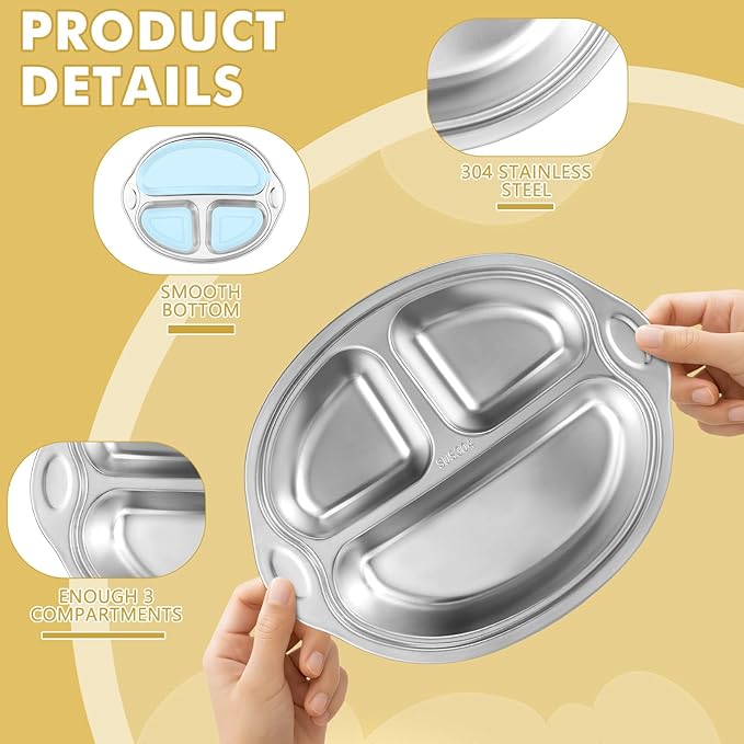 304 Stainless Steel Baby Plates Suction Plates for Baby Stainless Steel Plates for Kids with Suction Divided Designed for Feeding Children（Blue）