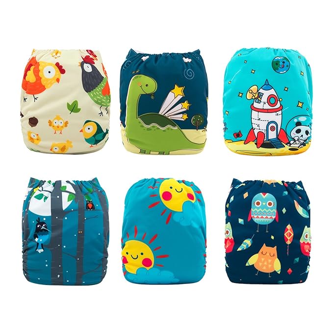 babygoal Reusable Cloth Diapers 6 Pack+22 Inserts, One Size Adjustable Washable Pocket Nappy Covers for Baby Boys,Rash-Free