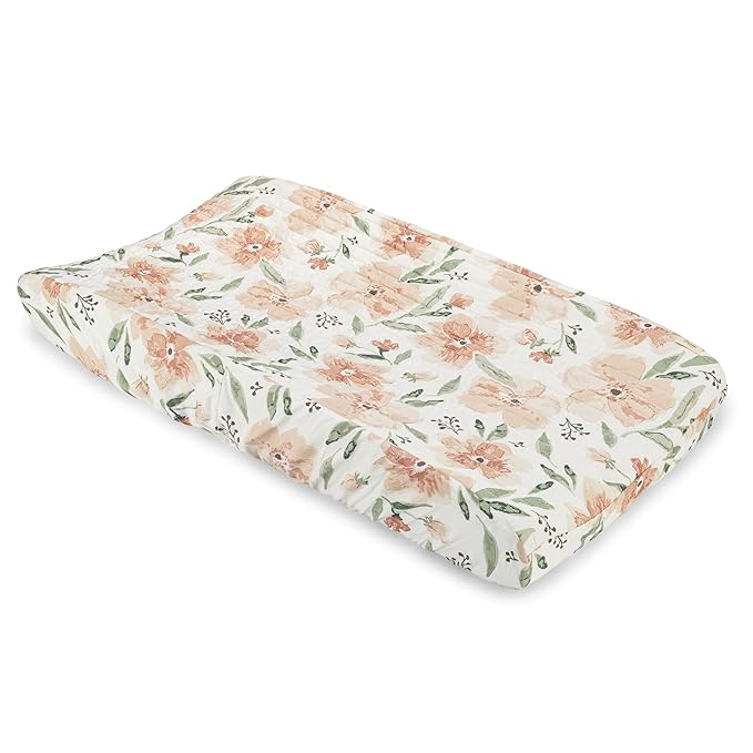 Crane Baby Changing Pad Cover, 100% Cotton Sateen Exterior, Pink Nursery Decor, Pink Floral Baby Changing Table Pad Cover, Fits Standard 16" x 32", Floral Nursery Decor, Change Table Sheets