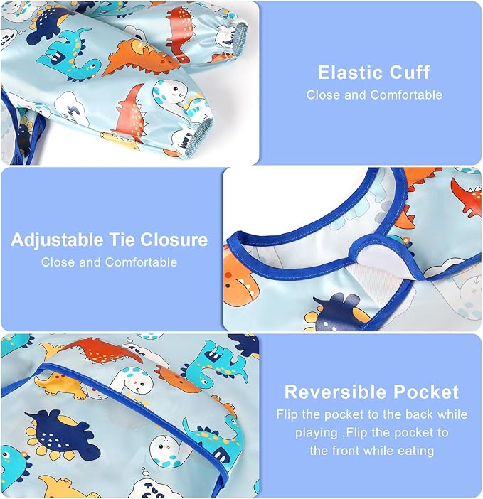 Accmor 4 Pack Long Sleeve Baby Bibs, Waterproof Sleeved Bibs for Eating Feeding, Toddler Baby Girls Boys Smock Bibs