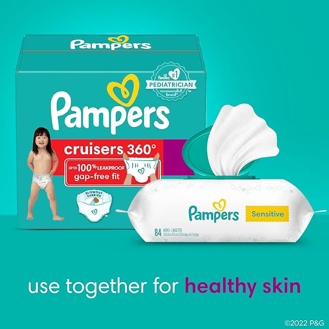 Pampers Pull On Cruisers 360° Fit Disposable Baby Diapers Size 6, 2 Months Supply (2 x 104 Count) with Sensitive Water Based Baby Wipes 12X Multi Pack Pop-Top and Refill (1008 Count)