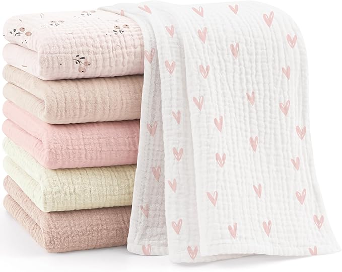 Bearmoss 6 Pack Large Muslin Burp Cloths, 100% Cotton Soft Baby Burping Cloths for Boy, Girl, 23.6" X 23.6" Absorbent Milk Spit Up Rags, Newborn Essentials (Pink Print)