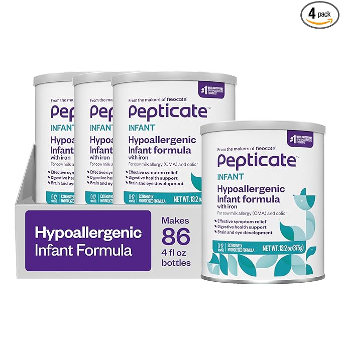 Pepticate Hypoallergenic Infant Formula for Relief of Cow Milk Allergy Symptoms, Nutritionally Complete Baby Milk with DHA, ARA & Prebiotics, Baby Formula Suitable from 0-12 months, 13.2oz (Pack of 4)