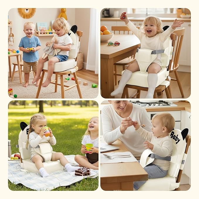 Booster Seat for Dining Table, Toddler Booster Seat for Dining Table, Kids Boys Girls Portable PU Waterproof Travel Baby Boosters Increasing Cushion with Backrest and Adjustable Strap (White, Onesize)