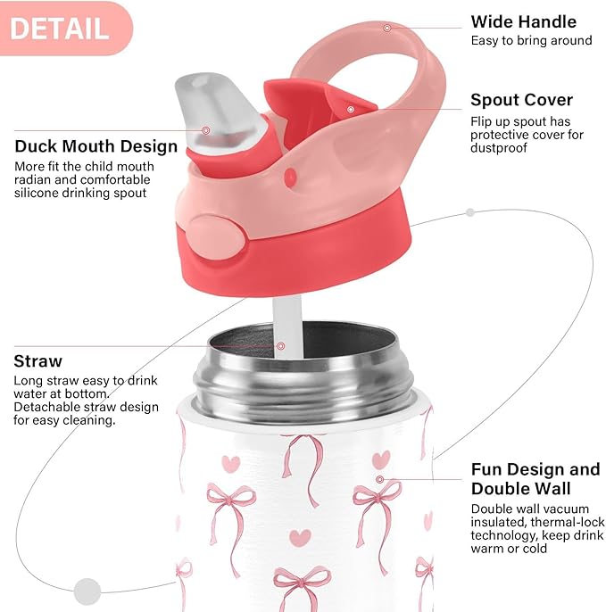 Pink Ribbon Bow Kids Water Bottle with Straw and Carry Handle Heart Bow Tie White Cute Vacuum Insulated Stainless Steel Bottles Leak-Proof for Boys Girls Toddler 12 oz Pink Lid