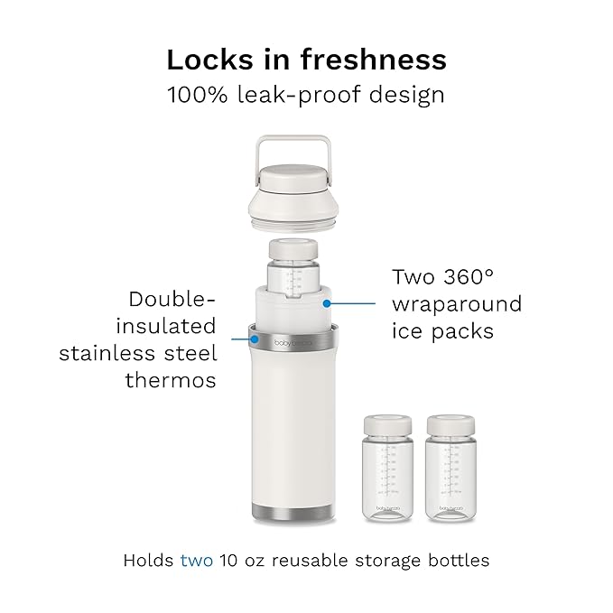 Baby Brezza All Day Portable Breastmilk Cooler, Large 20z Capacity, Insulated Travel Bottle Includes 2 Ice Packs + 2 Bottles, Soft White