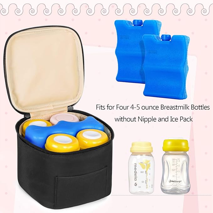 Teamoy Breastmilk Cooler Bag with Ice Pack, Baby Bottles Bag for up to 4 Large 5 Ounce Bottles Without Nipple, Perfect for Working Mom Mother, Black