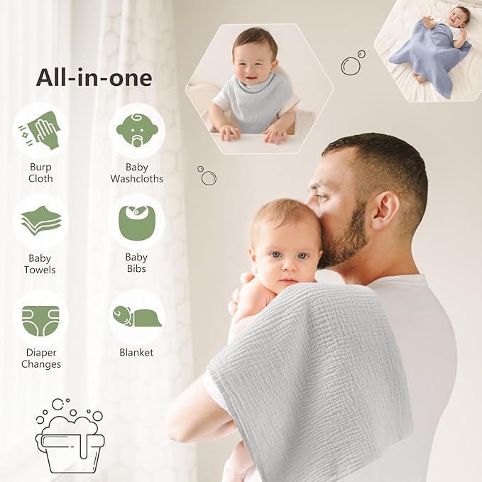 Susurration Muslin Burp Cloths 24x24 Inches Ultra Soft 100% Cotton, 4 or 7 Pack Baby Washcloths for Newborn, Absorbent Burp Rags & Swaddle Blankets