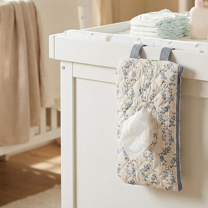 Quilted Baby Wipe Holder, Canvas Floral Quilted Pouch with Hanging Strap, Portable Diaper Wipe Holder for Travel Stroller-Blue Flower