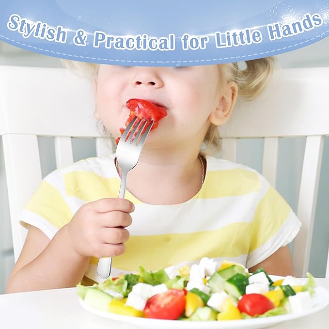 E-far 12-Piece Toddler Silverware, Stainless Steel Kids Utensils Forks and Spoons, Children Safe Metal Cutlery Set for Self Feeding, Mirror Polished & Dishwasher Safe, 6 Forks & 6 Spoons