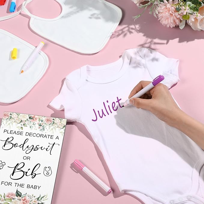 Roowest 35 Pcs Baby Shower Bibs Games Design Wooden Baby Shower Party Game Sign DIY Bodysuit Sign 15 White Blank Bibs 9 Bodysuit 10 Markers for Party Supplies(Flower)