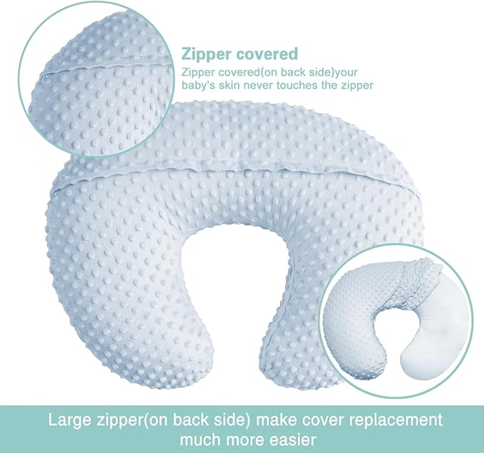 Minky Nursing Pillow Cover Breast Feeding Pillow Cover Slipcover U Shape for Baby Boy Girl,Cover Only(Babyblue&Lightbeige, Pack of 2)