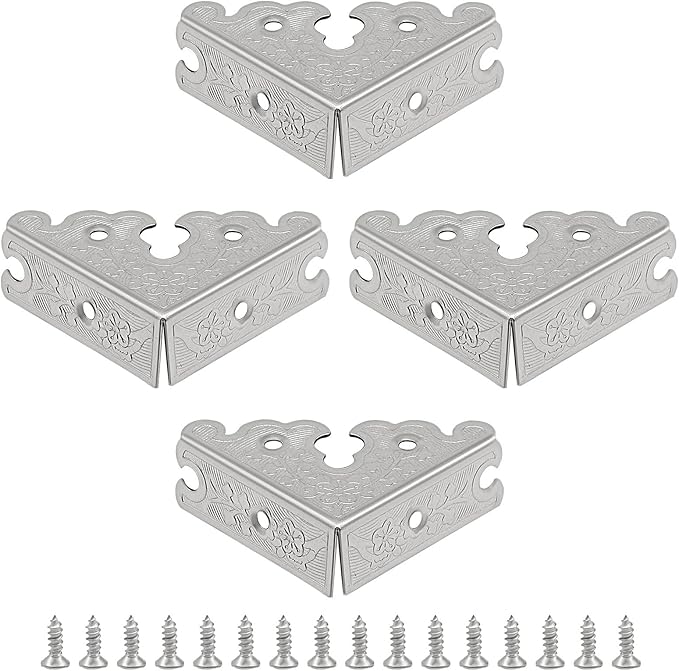 Bivethoi 12 Pack 1.34" x 1.34" Decorative Corner Protectors, Retro Style Edge Safety Guards Silver Covers, Vintage Metal Edge Cover for Furniture/Table/Jewelry Box