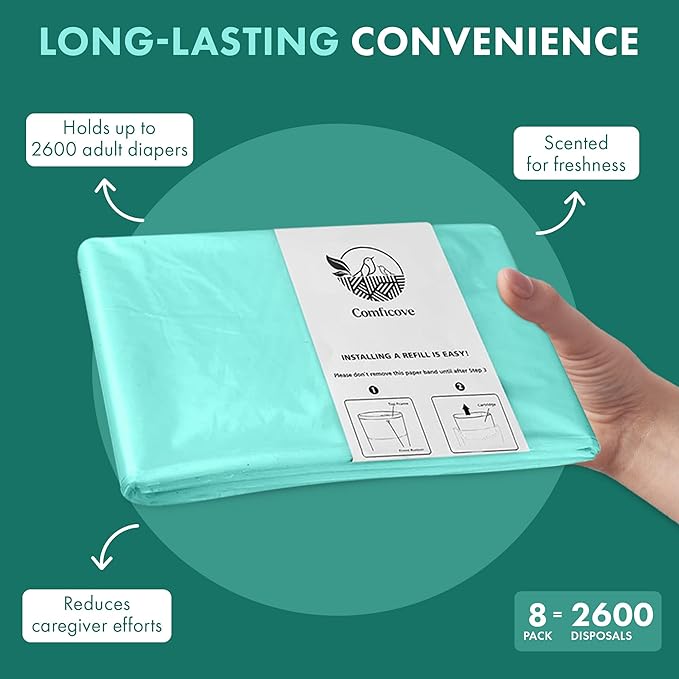 Comficove 8 Pack Janibell Akord Refill Liners, Compatible with Janibell Akord 280 Slim Model, Adult Diaper Pail Liners, Odor Resistant Bags