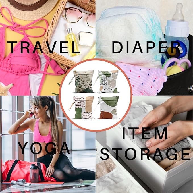 4 Pack Boho Green Abstract Botanical Wet Bag Waterproof Washable Reusable Wet Dry Bag for Swimsuit Dirty Clothes Diaper Travel Beach Pool Gym Birthday Toiletries Beach Essentials，Modern Nordic Style