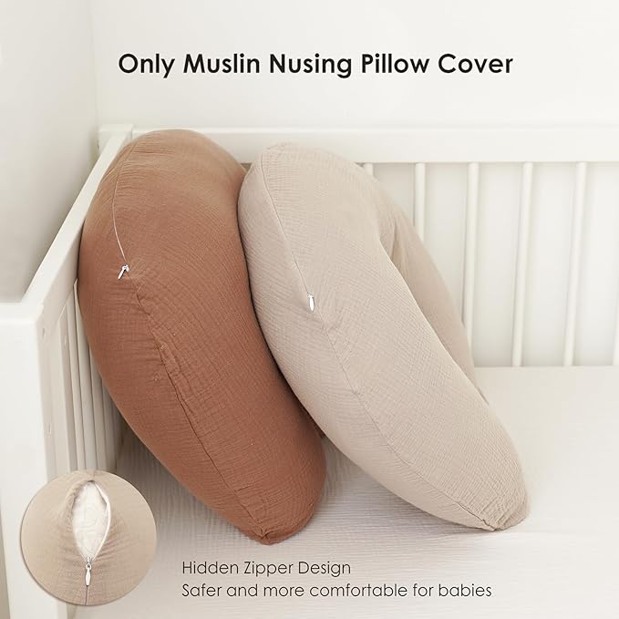 MairMore 2-Pack Muslin Nursing Pillow Covers, Breathable 100% Cotton Breastfeeding Pillow Slipcovers for Standard Nursing Pillows, Soft Covers for Baby Girls and Boys with Zipper
