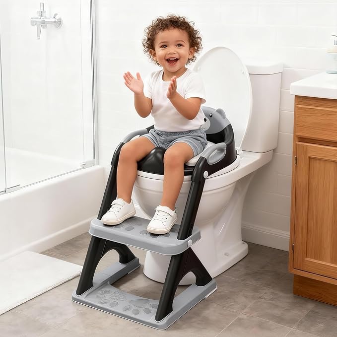 Potty Training Seat with Step Stool Ladder, Toddler Toilet Seat for Boys Girls, Adjustable 6 Heights Fits Round & Elongated Toilets, Anti-Slip Pads & Leak-Proof Guard