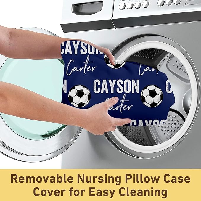 Baby Nursing Pillow Cover - Personalized Name Blue Soccer Theme Breastfeeding U-Shaped for Bottle Feeding, Ultra Soft Comfortable Breastfeeding Pillow Cover for Infant Baby Boys and Girls