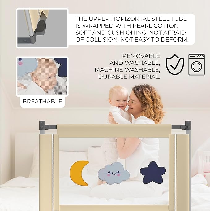 Bed rail for toddlers with adjustable high and foldable design for enhanced safety, Suitable for all mattress sizes toddler bed rails for cosleeping, Machine washable baby bed rail guard, Beige