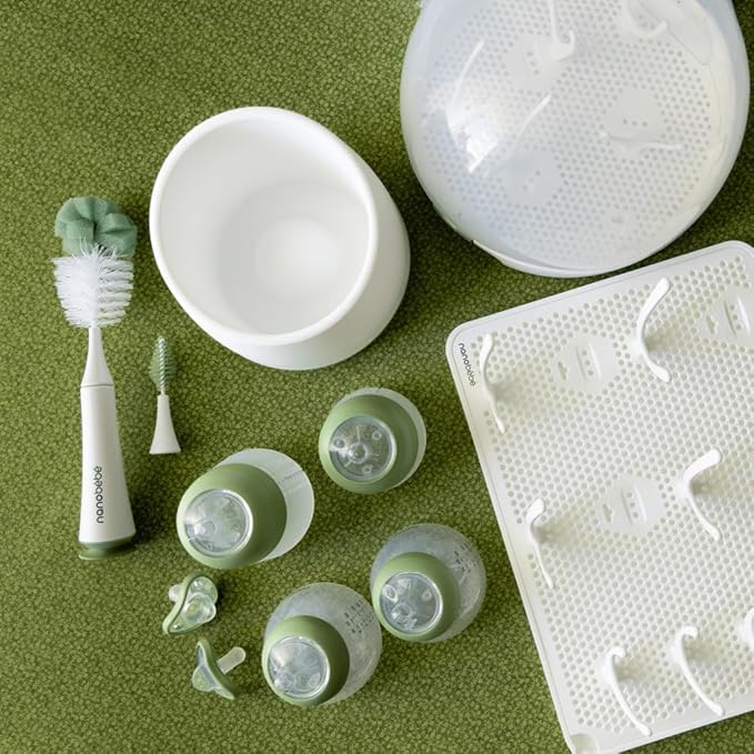 Nanobebe Breastmilk and Silicone Baby Bottle Ultimate Set Gen 2, 5oz and 9oz - with Sterilizer, Drying Rack, Anti-Colic Nipples, Pacifiers, and Warmer - Sage