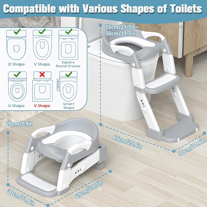 Potty Training Seat, Toddler Potty Training Toilet with Step Stool Ladder for Kids Boys Girls, 3 in 1 Foldable Toilet Seat Potty Chair with Urinals, Splash Guard, Handles, Anti-Slip Pad,Grey