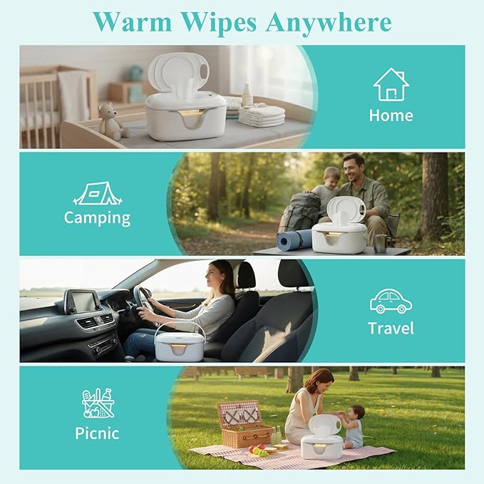 Portable Baby Wipe Warmer - Cordless Rechargeable Wet Wipes Dispenser for Travel Battery Operated with Nightlight Temperature Control for On the Go