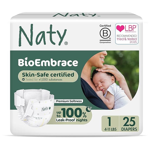 Naty BioEmbrace Baby Newborn Diapers | Sensitive Skin Safe Certified | Leak Protection up to 100% | Plant-Based Teddy Softness, Premium Comfort | Chlorine-Free | Size 1 (4–11 lbs), 25 Count
