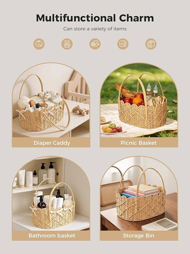 Diaper Caddy Organizer, Hand Rattan Scalloped Diaper Caddy Changing Table Organizer, Wicker Nursery Bakset Picnic Basket Household Organizer, Beige TB31