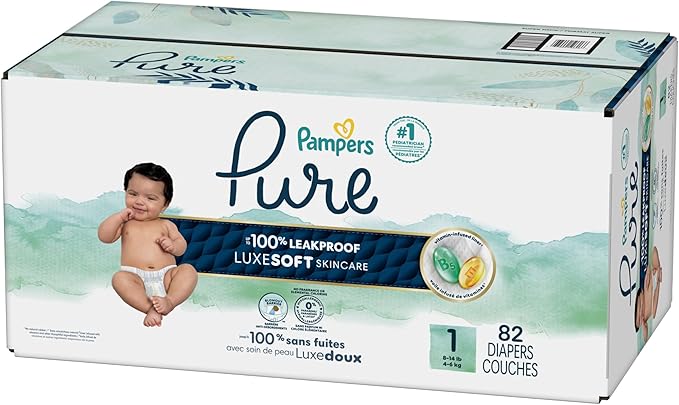Pampers Pure Baby Diapers, Size 1 (8-14 lbs), 82, Up to 100% Leakproof, Premium Hypoallergenic Soft Diapers
