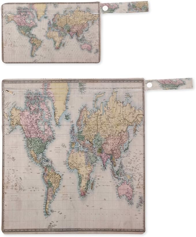 Vintage World Map Wet Dry Bag for Cloth Diaper Swimsuit, Educational World Map Waterproof Wet Bag Organizer Pouch with Zippered Pockets and Snap Handle Washable for Travel Daycare Gym, 2 Pack