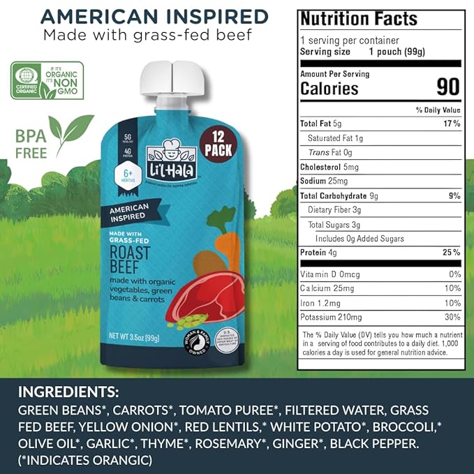 Li'l Hala Beef Baby Food Pouch | Roast Beef (12ct) | Savory 6+ Months Meat Baby Food Pouches with Protein and Organic Veggies, Nutrient Packed Toddler Snacks with Iron | Stage 2 Baby Food Meat Puree