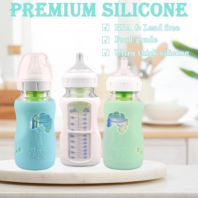 3 Pack Silicone Sleeves for Dr. Brown's Natural Glass Baby Bottles, Anti Breakage Baby Bottle Holder, Compatible Dr. Brown Wide-Neck Glass Baby Bottles 9 oz (White+Blue+Green)