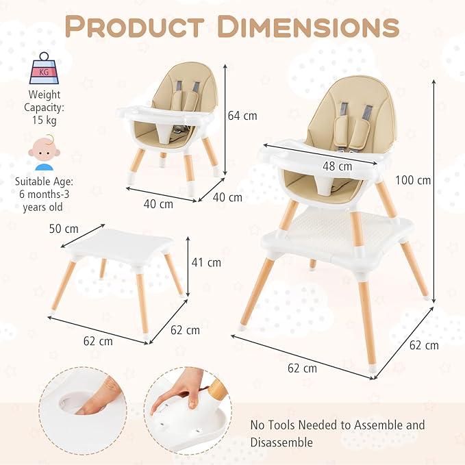 HONEY JOY Baby High Chair, 6-in-1 Convertible Wooden Highchair for Babies and Toddlers/Table Set/Toddler Chair with Safety Harness, 4-Position Removable Feeding Tray (Khaki)