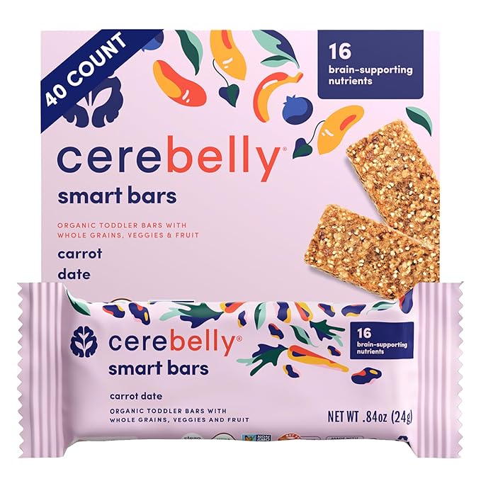 Cerebelly Organic Toddler Smart Bars 40-Count, Carrot Date Smart Bars, 16 Brain-Supporting Nutrients, No Added Sugar, Gluten Free, Nut Free, Kids Snacks