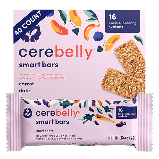 Cerebelly Organic Toddler Smart Bars 40-Count, Carrot Date Smart Bars, 16 Brain-Supporting Nutrients, No Added Sugar, Gluten Free, Nut Free, Kids Snacks