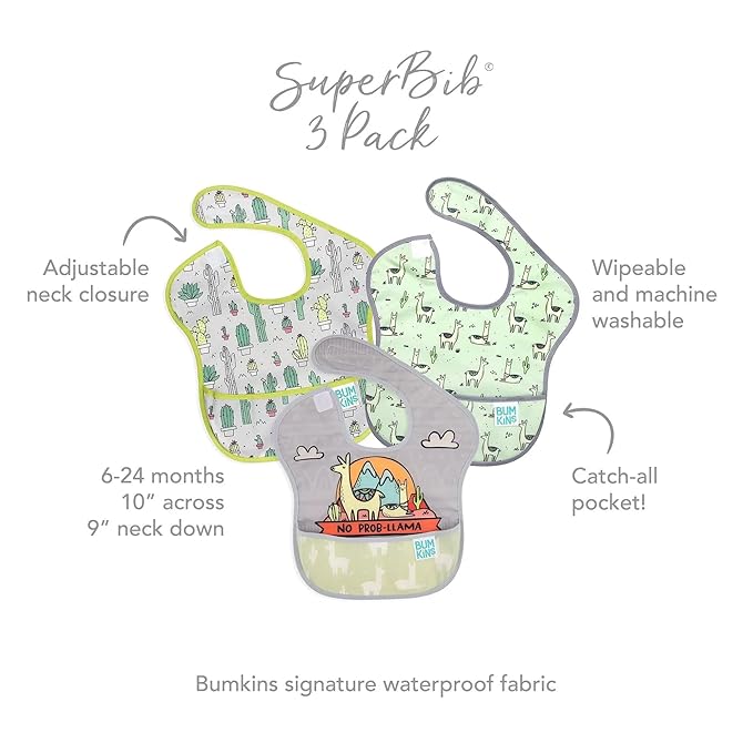 Bumkins Bibs for Girl or Boy, SuperBib Baby and Toddler for 6-24 Months, Essential Must Have for Eating, Feeding, Baby Led Weaning Supplies, Mess Saving Catch Food, 3-pk No Prob-Llama, Cactus, Llamas