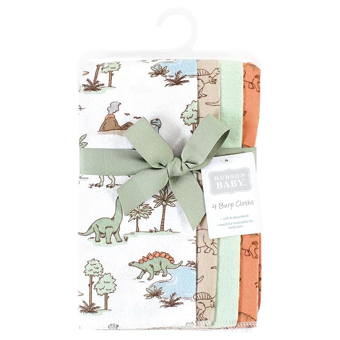 Hudson Baby Unisex Baby Cotton Flannel Burp Cloths, Dinosaur Adventures 4-Pack, One Size