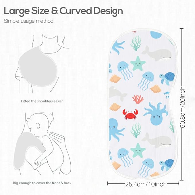 6 Pack Blue Burp Cloths Baby Boys Girls with Ocean Animals Pattern, Large Cotton Burping Clothes for Newborns Gifts Extra Soft and Absorbent 9.8X19.6inches