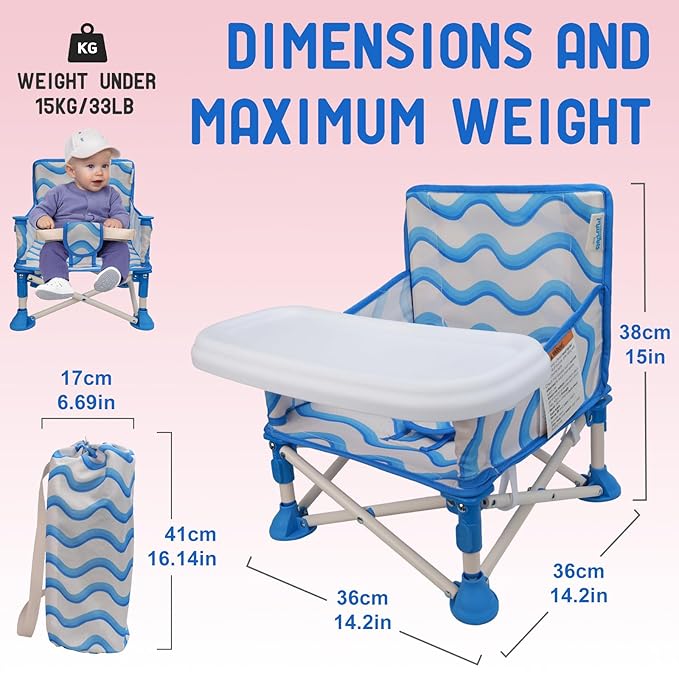 Tiny Marvels 3-in-1 Portable Baby Chair, Foldable Booster Seat with Removable Tray, Safety Harness & Carry Bag for Dining, Travel, Camping, Beach, 6M-3Y (Big Waive)