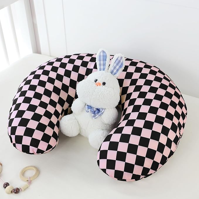 DILIMI Nursing Pillow Cover, Stretchy Removable Case for Breastfeeding Pillows, Ultra Soft Comfortable Slipcover for Baby Girl and Boy, Black Pink Checkered